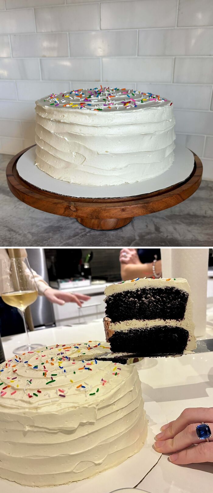 White frosted chocolate cake with colorful sprinkles and slice being served