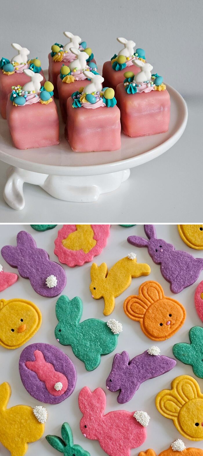 Pink petit fours decorated with white bunny and colorful candy dessert