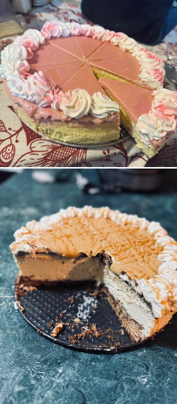 Pink and white layered cheesecake with whipped cream topping sliced
