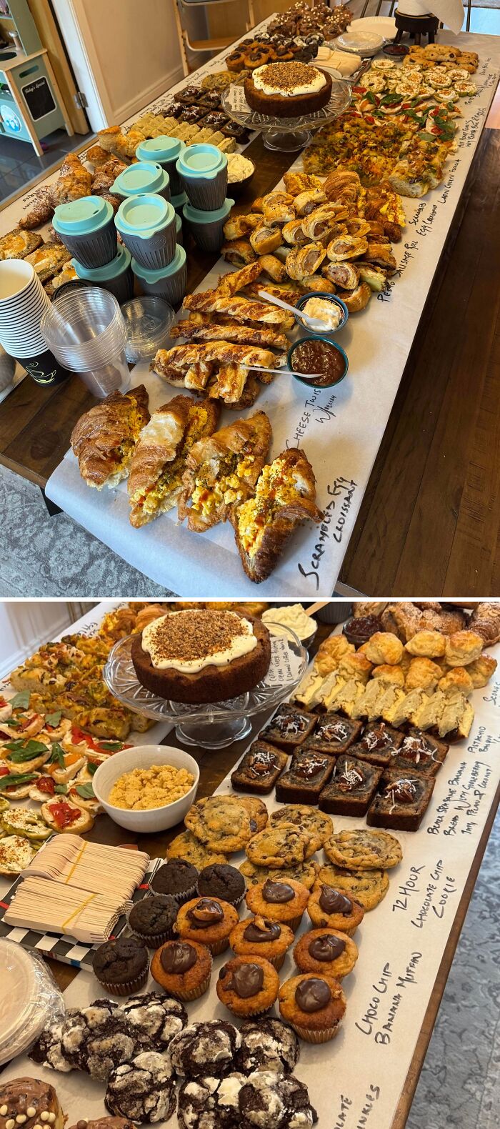 Large dessert spread with assorted pastries and labeled treats