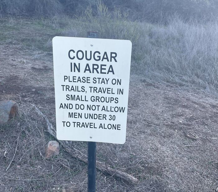 A funny sign in the wild warns of a cougar in the area, advising to stay on trails and not allow men under 30 to travel alone.