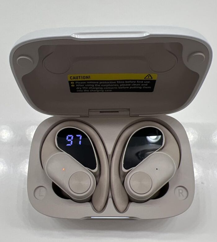 An open charging case with beige wireless earbuds, displaying 97% battery. Discover Prime Day Deals on tech accessories.
