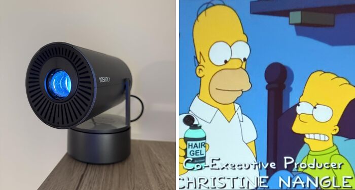 A black mini projector casting light on a wall next to a scene from The Simpsons. Great Prime Day Deals for home entertainment.