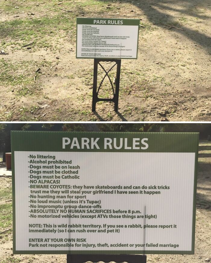 A funny sign detailing unusual park rules, including specific dog requirements and warnings about coyotes, found in the wild.