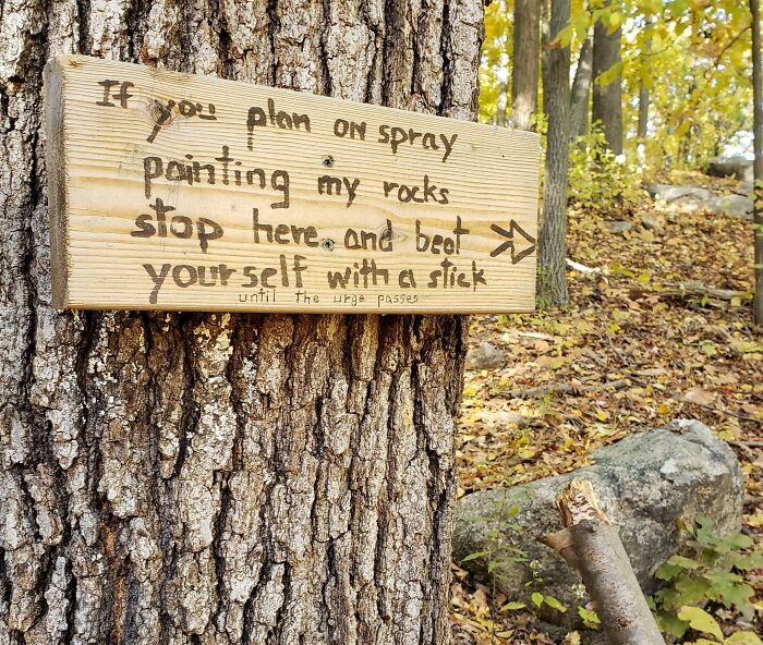 A funny sign nailed to a tree in the wild, advising against spray painting rocks and to use a stick on oneself.