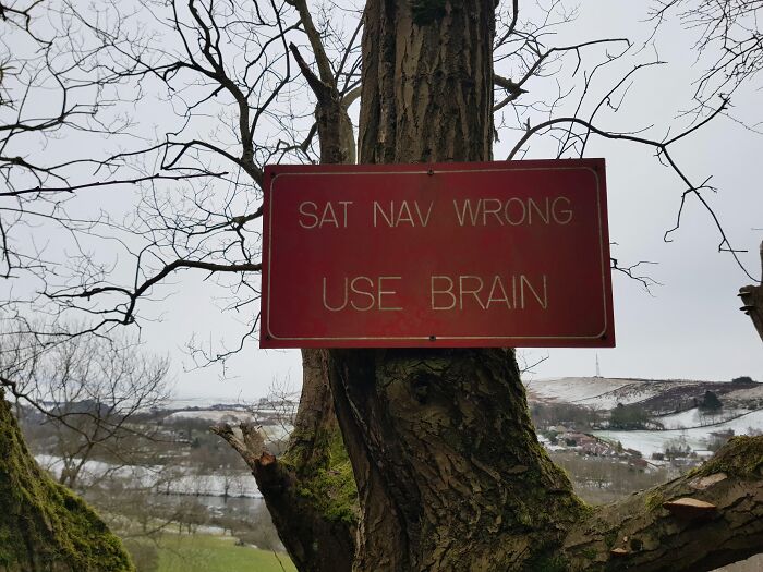 A funny sign in the wild on a tree advises, SAT NAV WRONG USE BRAIN, with a winter landscape.
