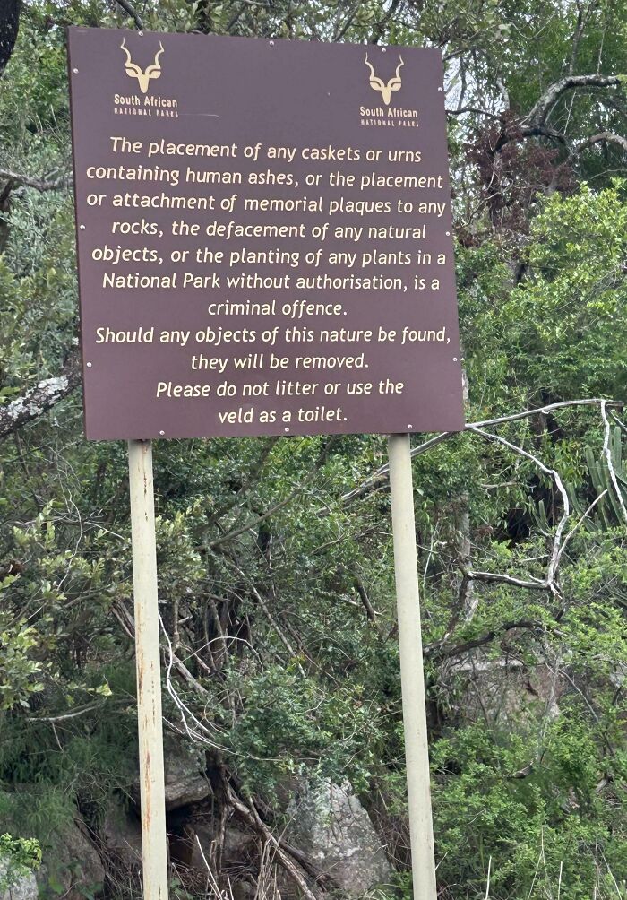 A funny sign in the wild from South African National Parks about rules and regulations.