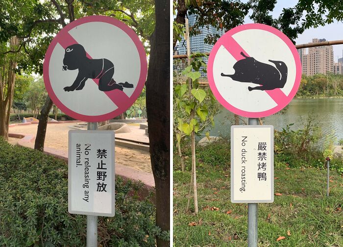 Two funny signs: one prohibiting releasing animals (with a baby human silhouette) and another forbidding duck roasting, both found in the wild.