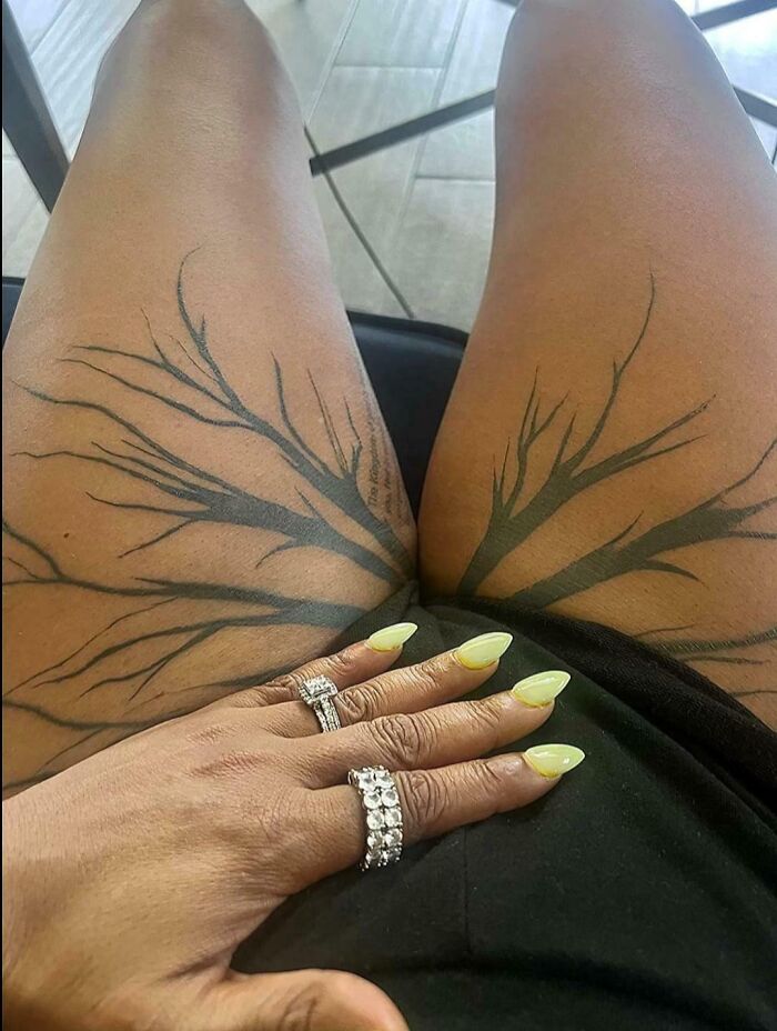 Tattoo fails with tree branch tattoos on upper thighs