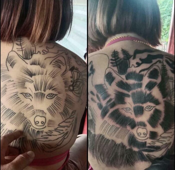 Tattoo fail of a wolf back tattoo with poor shading and design