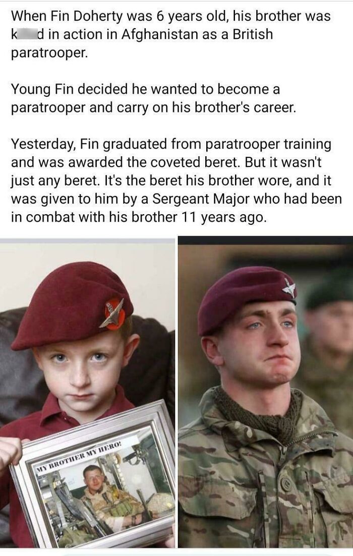 Fin Doherty, as a child and a paratrooper, carrying on his brother's legacy, showing strength without saying a word.