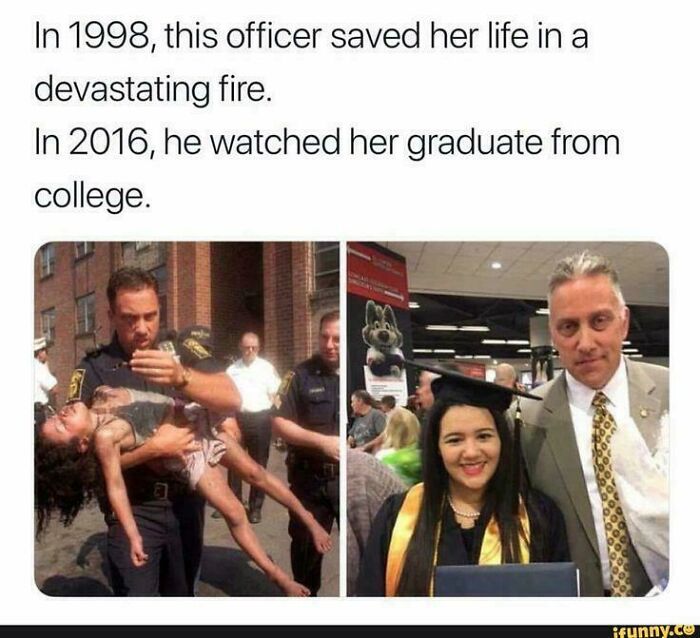 An officer saves a child from a fire and later attends her college graduation, showing strength without words.