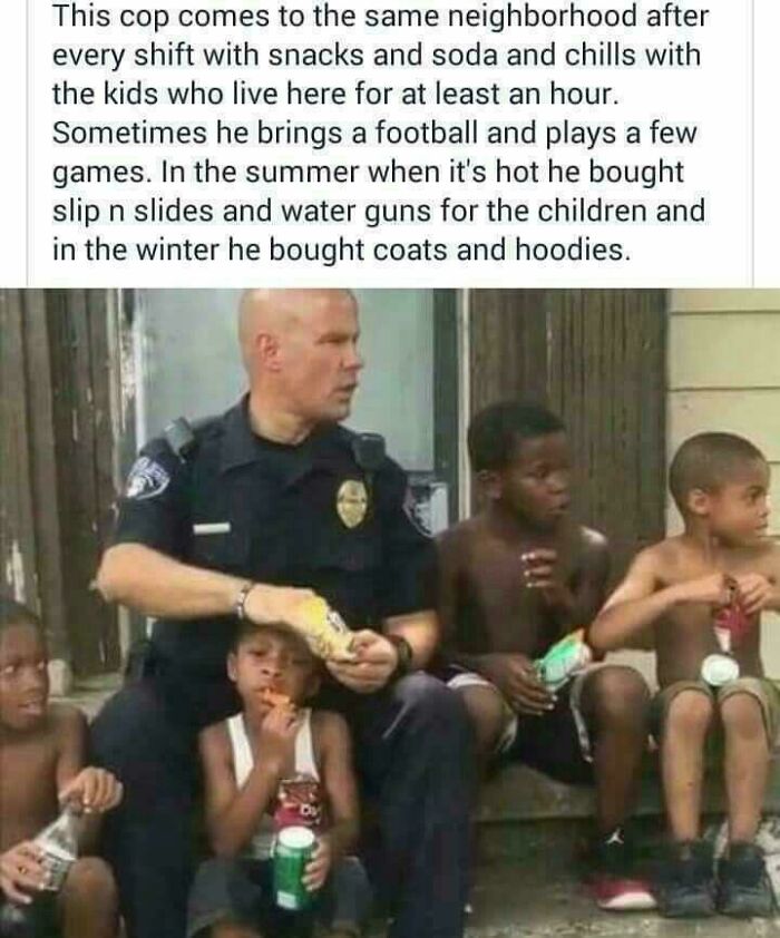 A police officer sharing snacks and chilling with kids, showing strength and community without saying a word.