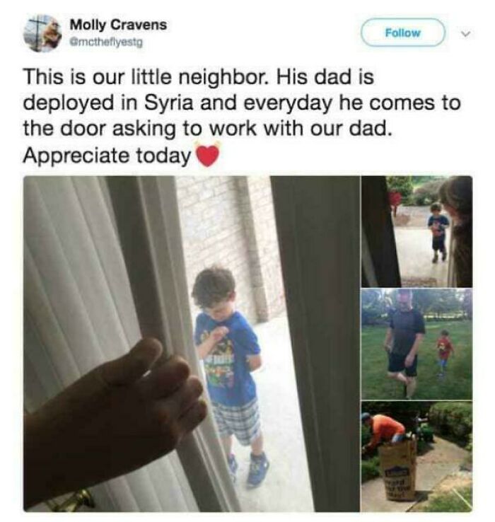 Little neighbor boy working with dad, showing strength and friendship without saying a word.