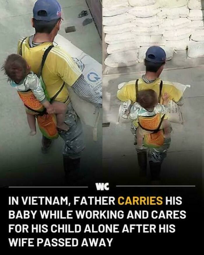 A father showing strength by carrying his baby while working in Vietnam.