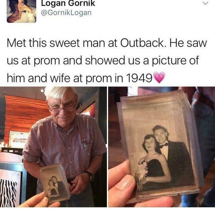 An older man showing strength by sharing a photo of him and his wife at prom.