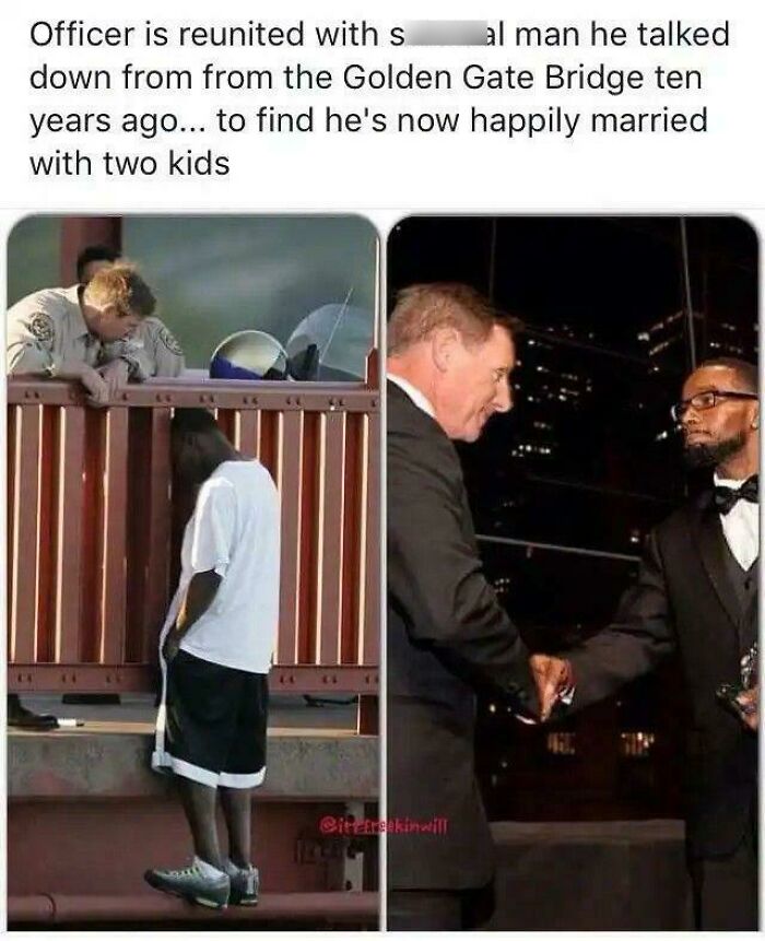An officer and a man, both showing strength, reunited after ten years from the Golden Gate Bridge.