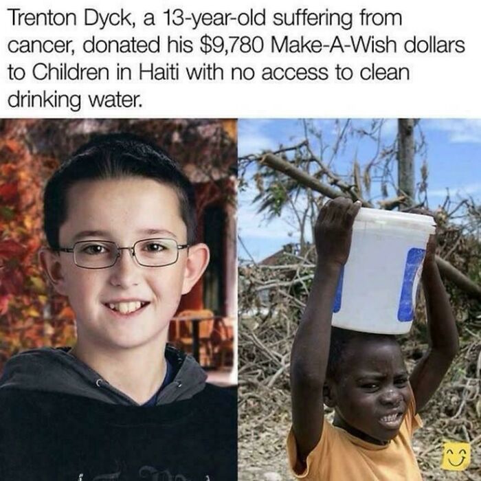 Trenton Dyck, a boy of strength, donating Make-A-Wish dollars to Haitian children for clean water.