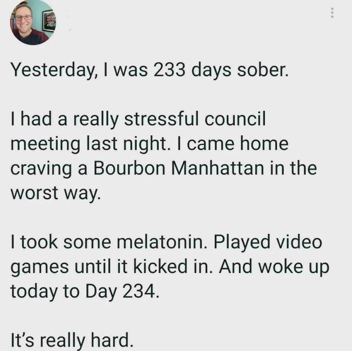 A man's post about overcoming a craving for alcohol and maintaining sobriety, showing strength.