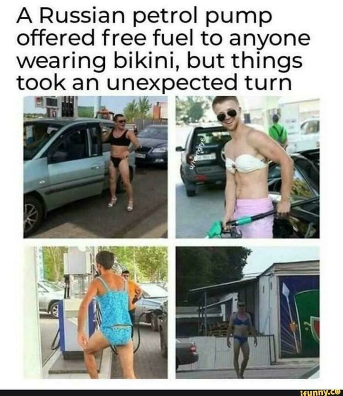Men showing strength in bikinis at a petrol pump, an unexpected turn for free fuel.