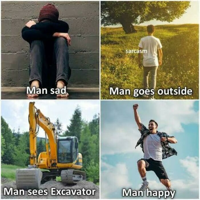 Four panels depicting a man's journey from sadness to happiness, finding strength in an excavator.