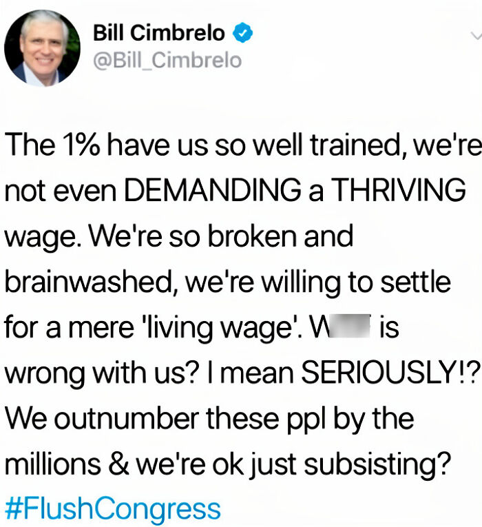 A tweet by Bill Cimbrelo discussing the demand for a thriving wage, reflecting strength in advocating for fair compensation.