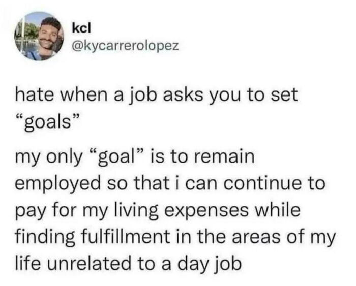 A tweet by kcl about job goals, highlighting strength in maintaining employment for living expenses and personal fulfillment.