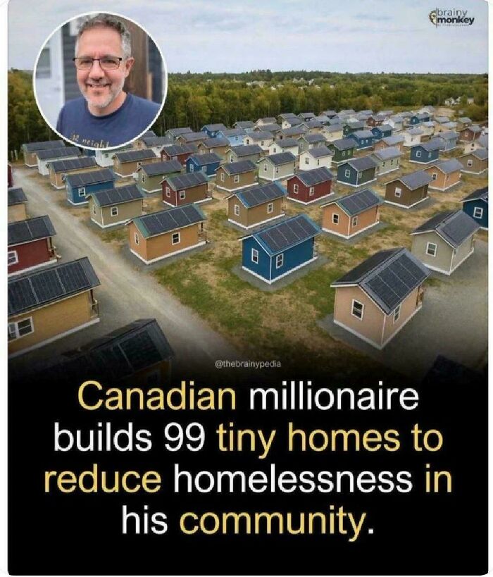 An aerial view of many tiny homes built by a Canadian millionaire, showing strength through community support and reducing homelessness.
