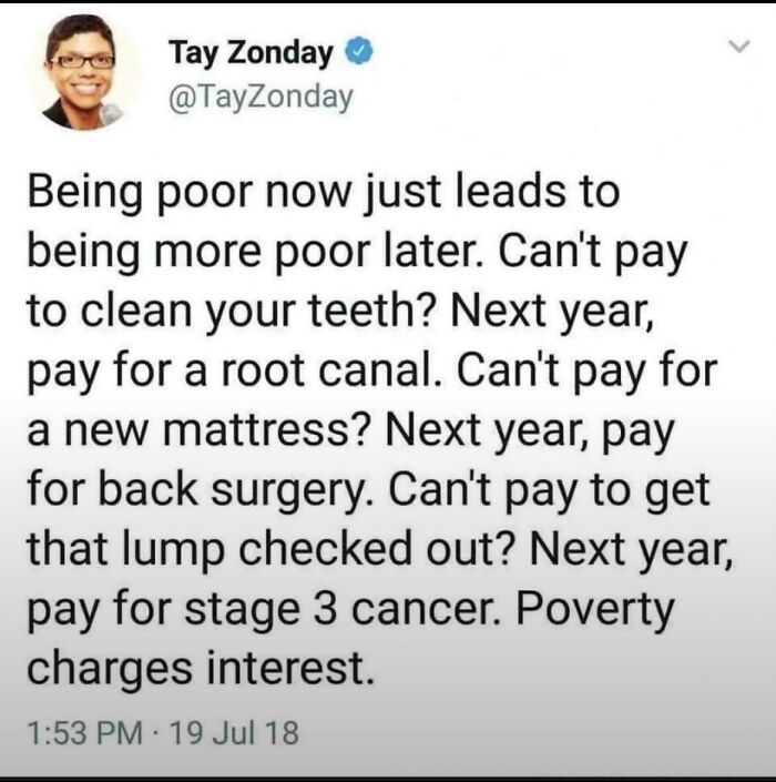 A tweet by Tay Zonday about poverty's compounding costs, showing what strength looks like in financial awareness.