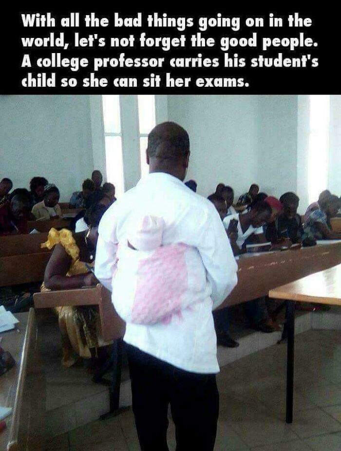 A college professor, embodying strength, carries a student's child so the student can take exams.
