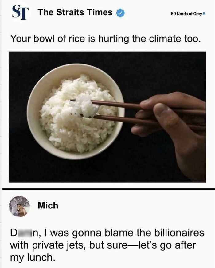 A hand holding chopsticks to pick up rice, illustrating the strength of environmental impact discussions.