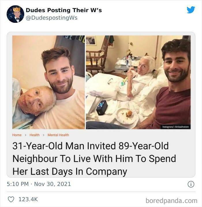 A man showing strength by inviting an 89-year-old neighbor to live with him, providing companionship.