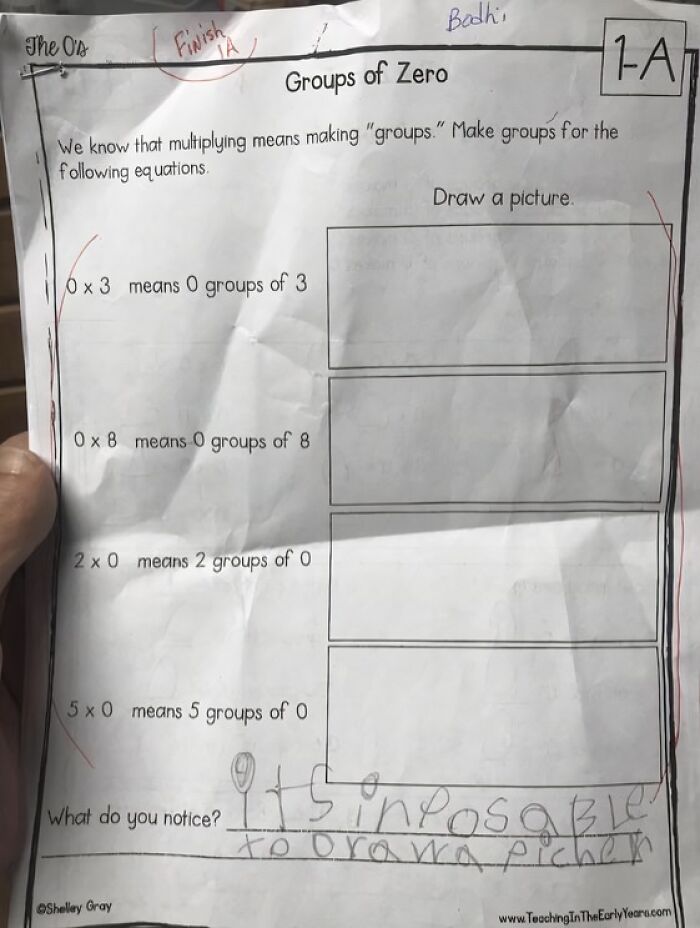 A math worksheet titled Groups of Zero, with a child's incorrect answer, reflecting annoying teachers.