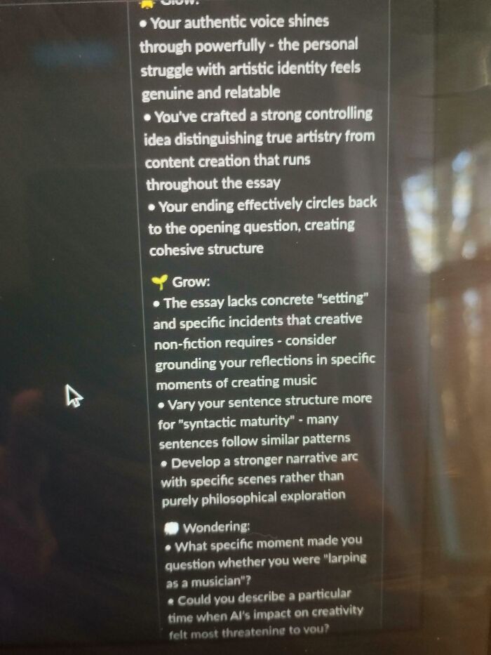A screen displaying critical feedback on an essay, perhaps highlighting a student's struggle with toxic and annoying teachers.