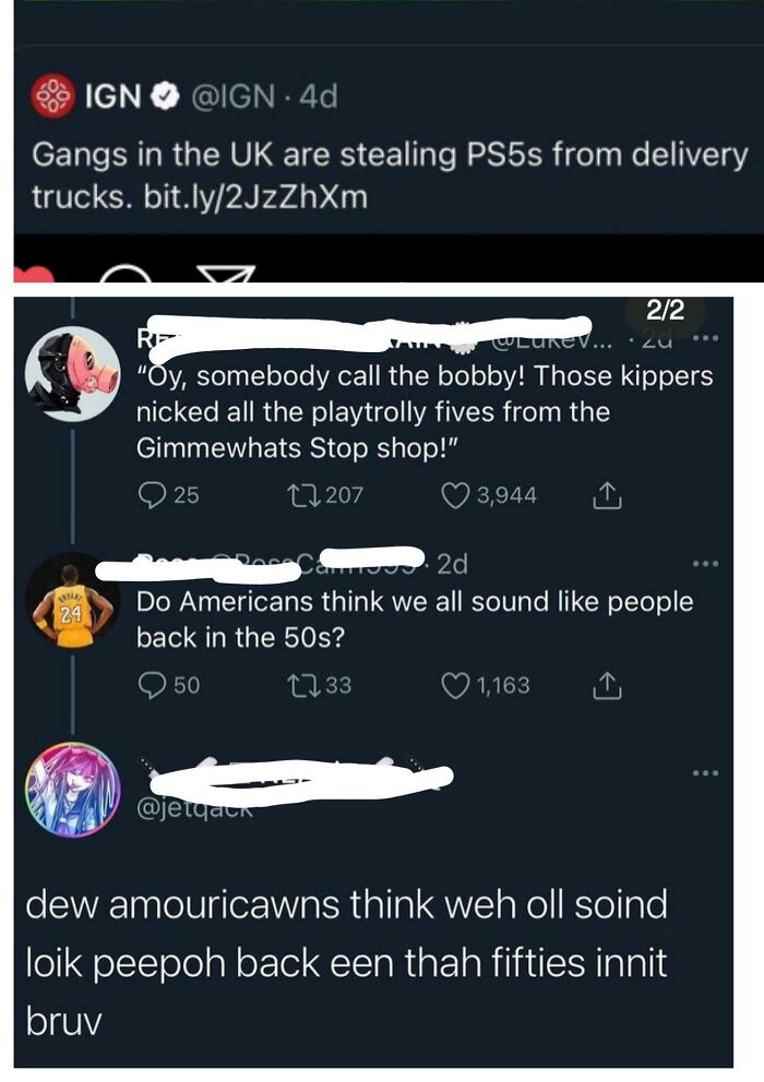 A social media post about PS5 theft, with funny comments you can hear from different accents.