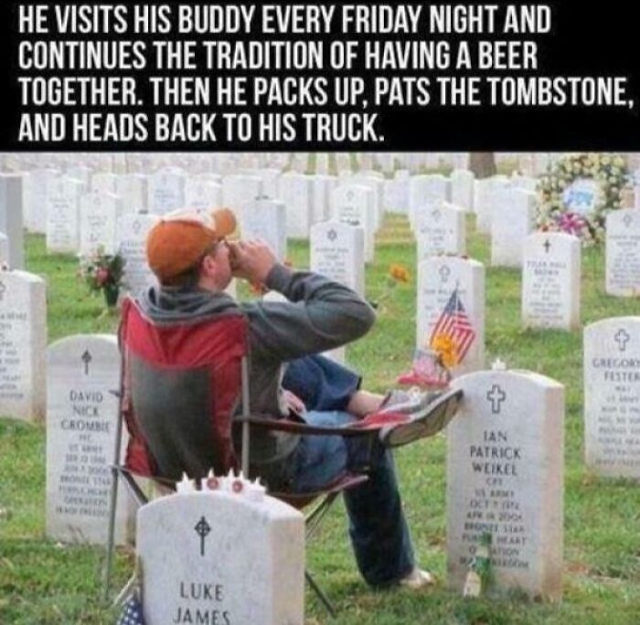 A man drinks a beer at a tombstone, maintaining a tradition with his buddy, showing strength in remembrance.