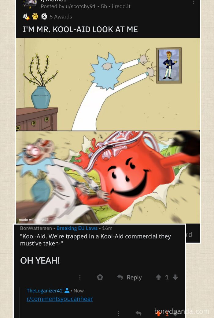 A meme of Rick Sanchez as Mr. Kool-Aid, showcasing comments you can hear.