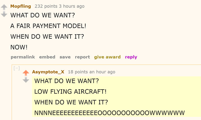 A Reddit post with two comments shouting 'WHAT DO WE WANT?' and 'WHEN DO WE WANT IT?' showcasing comments you can hear.