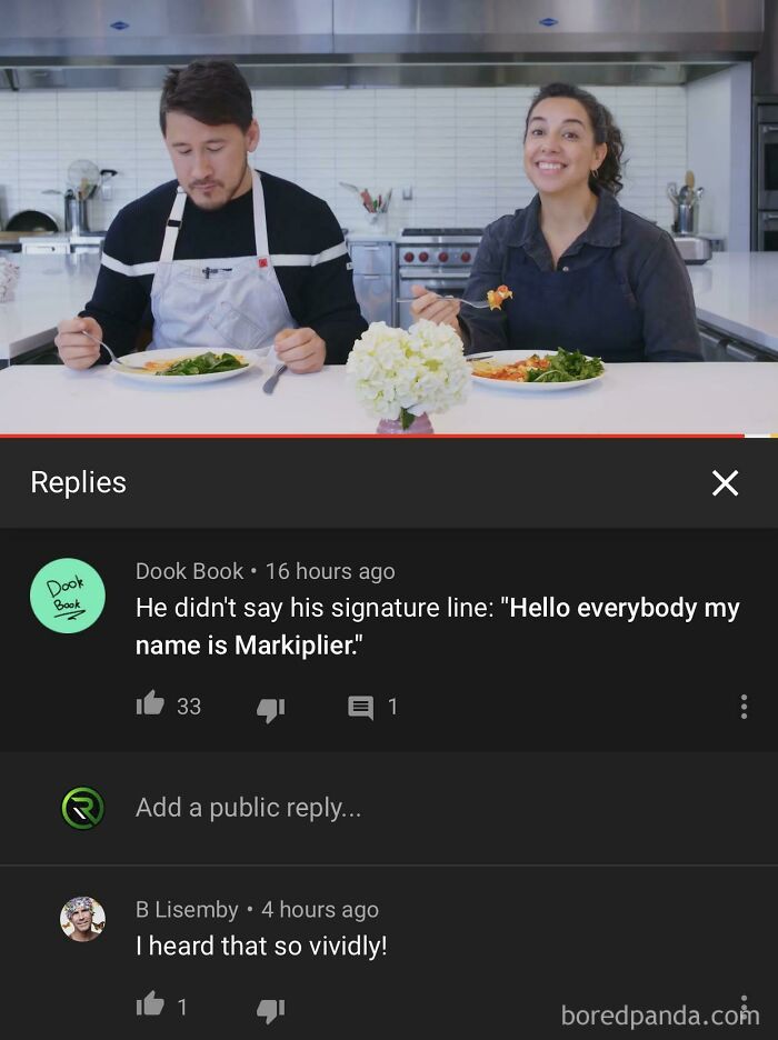 A screenshot of YouTube comments that you can hear, featuring a user stating, Hello everybody my name is Markiplier.