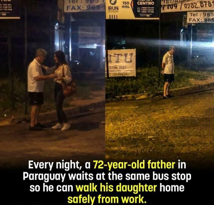 A 72-year-old father showing strength by waiting at a bus stop to walk his daughter home.