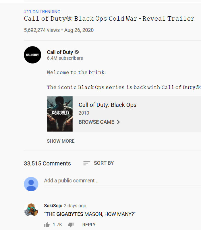 A YouTube screenshot of Call of Duty: Black Ops Cold War with a Mason quote, a comment you can hear.