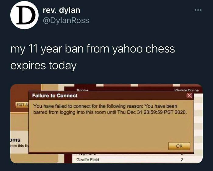 A Mad Lad banned from Yahoo Chess for 11 years, showing a failure to connect message.