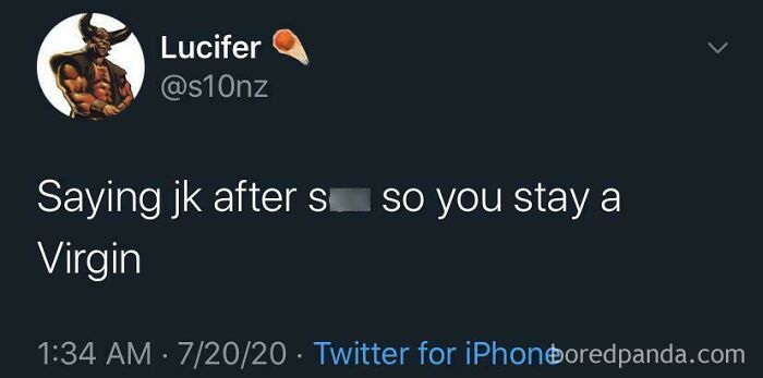 A Mad Lad tweeting about saying jk after a phrase to stay a virgin, highlighting a rule taken as a challenge.