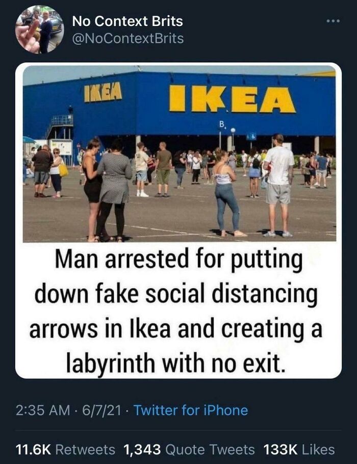 A Mad Lad arrested for creating an IKEA labyrinth with fake social distancing arrows and no exit.