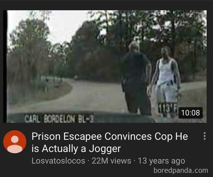 A Mad Lad YouTube thumbnail of a prison escapee convincing a cop he is a jogger.