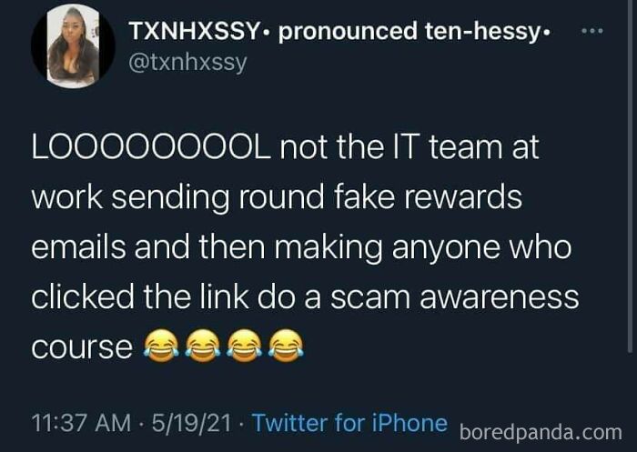 A Mad Lad tweet about an IT team sending fake rewards emails and making anyone who clicked do a scam awareness course.