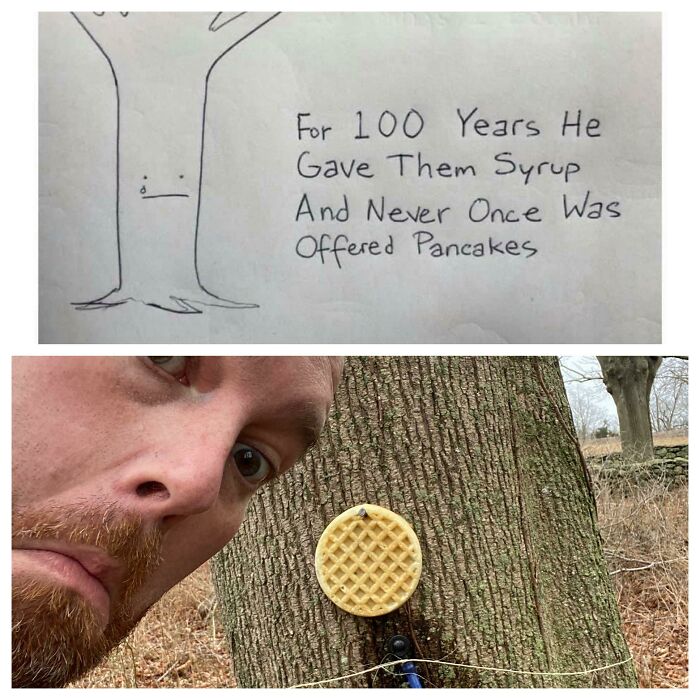 A mad lad man glues a waffle to a tree in a funny attempt to get syrup from it, challenging a rule.
