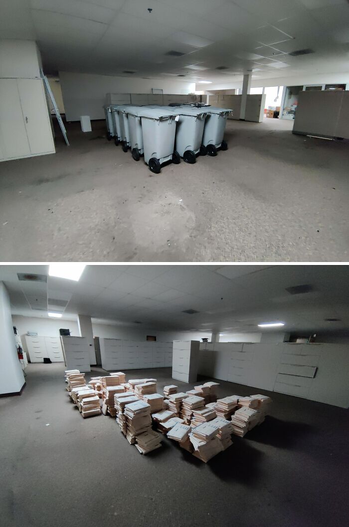 An unsettling image showcasing two different liminal spaces: a room with trash cans and another with stacks of papers.