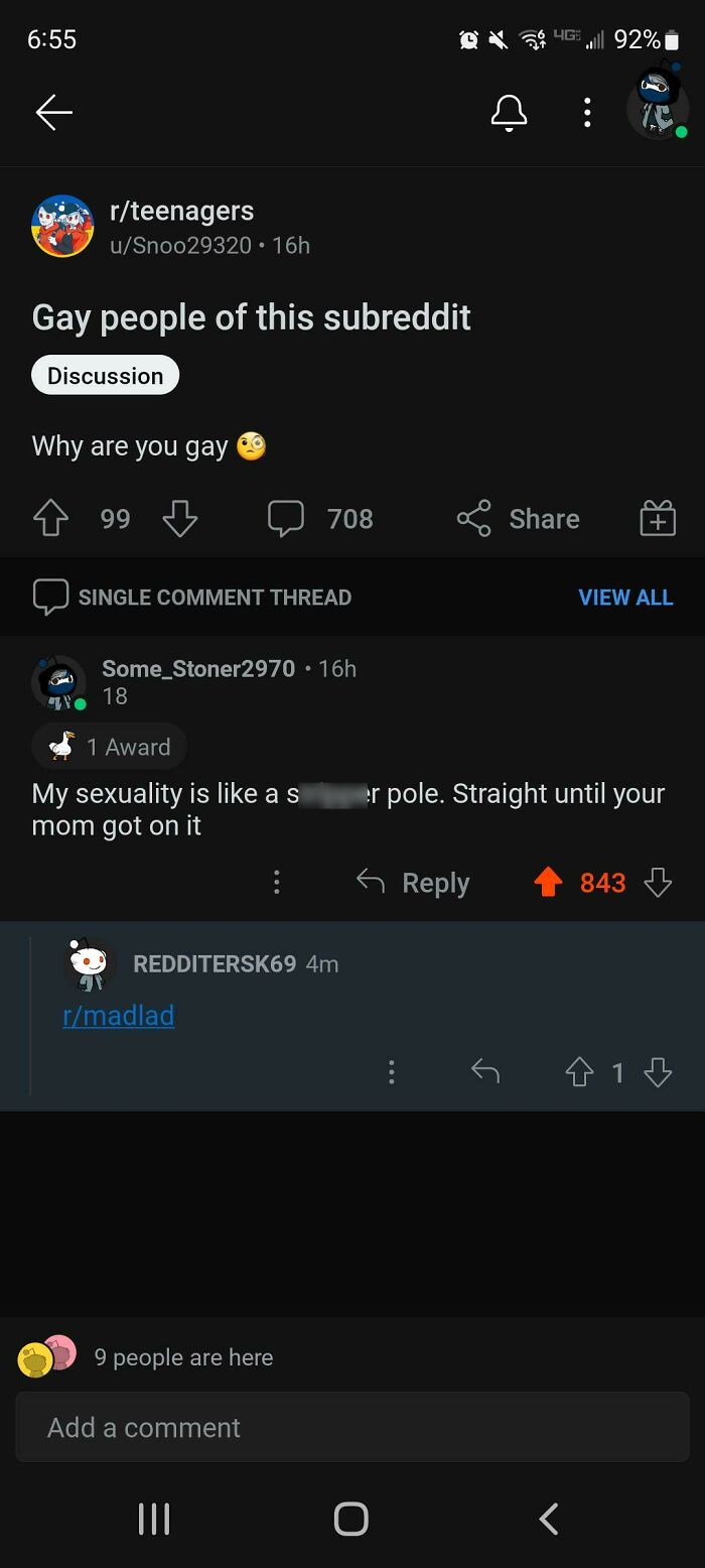 A Reddit post from r/teenagers with a mad lad comment about sexuality, taking rules as a personal challenge.