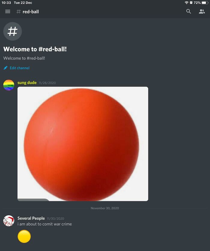 A Mad Lad makes a bold, challenging statement on a Discord channel about a red ball, defying norms.